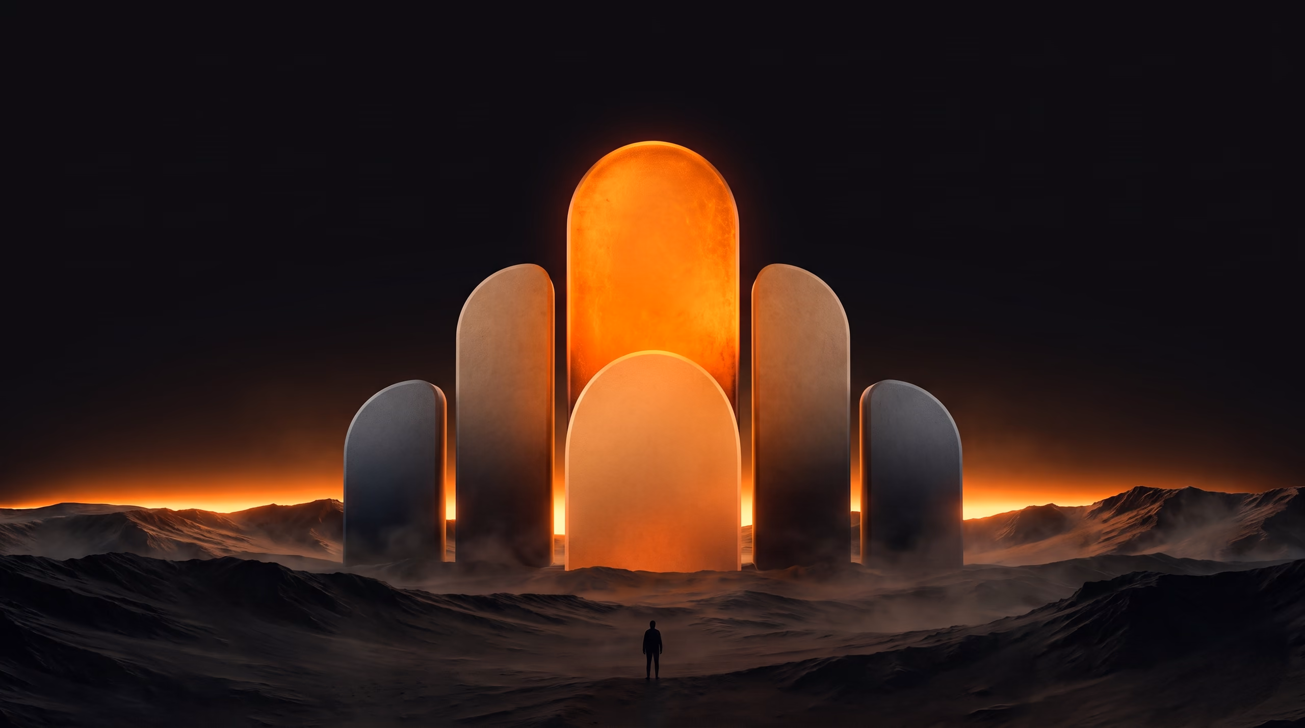 The AntCluster monument glowing on a dark plain.